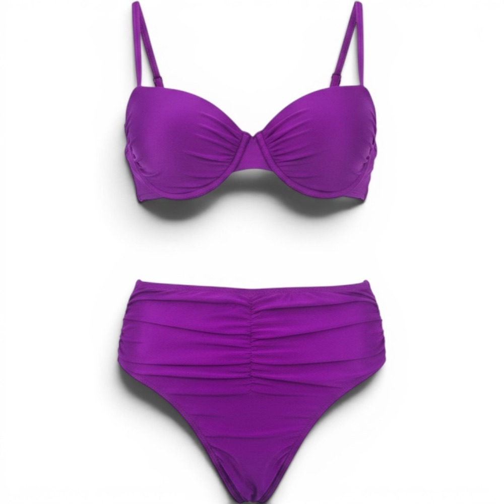 Good American Bikini Set Womens 4 Purple Ruched High Waist Underwire Balconette